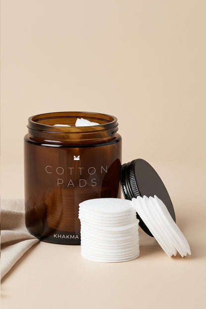 Ahşap Standlı Amber Cam Banyo Organizer Seti – COTTON BUDS & COTTON PADS Yazılı – 2'li Set / 250 ml