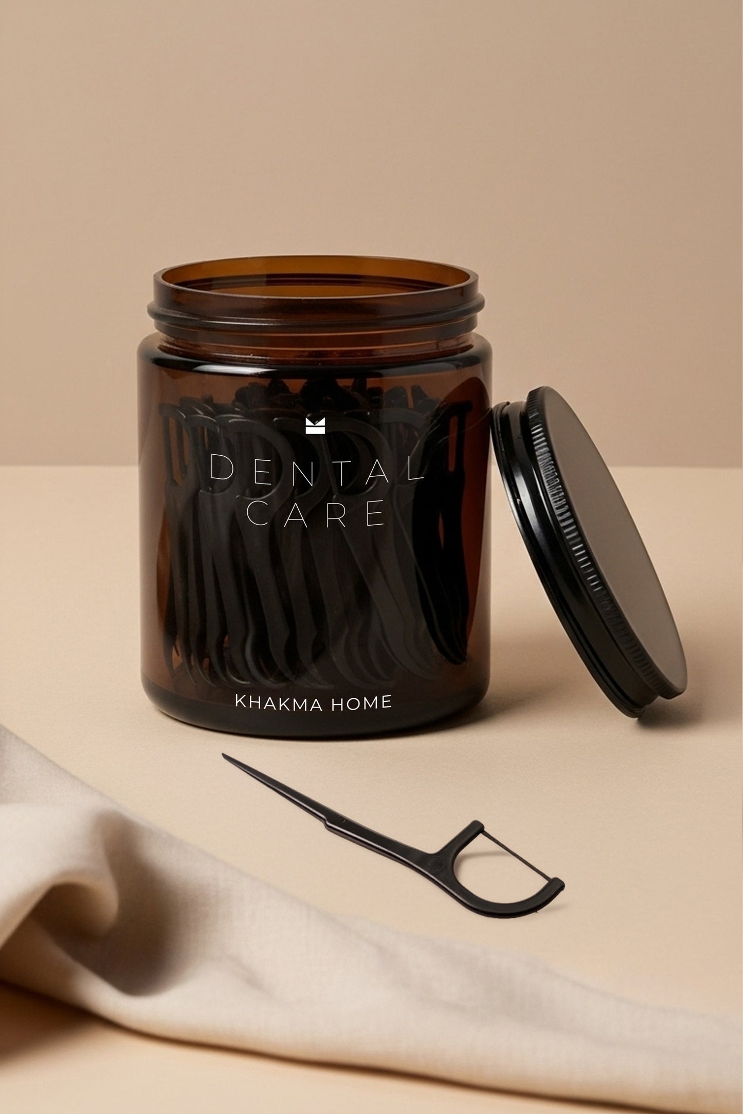 Ahşap Standlı Amber Cam Banyo Organizer Seti–COTTON BUDS & PADS & DENTAL CARE Yazılı–3'lü Set/250 ml