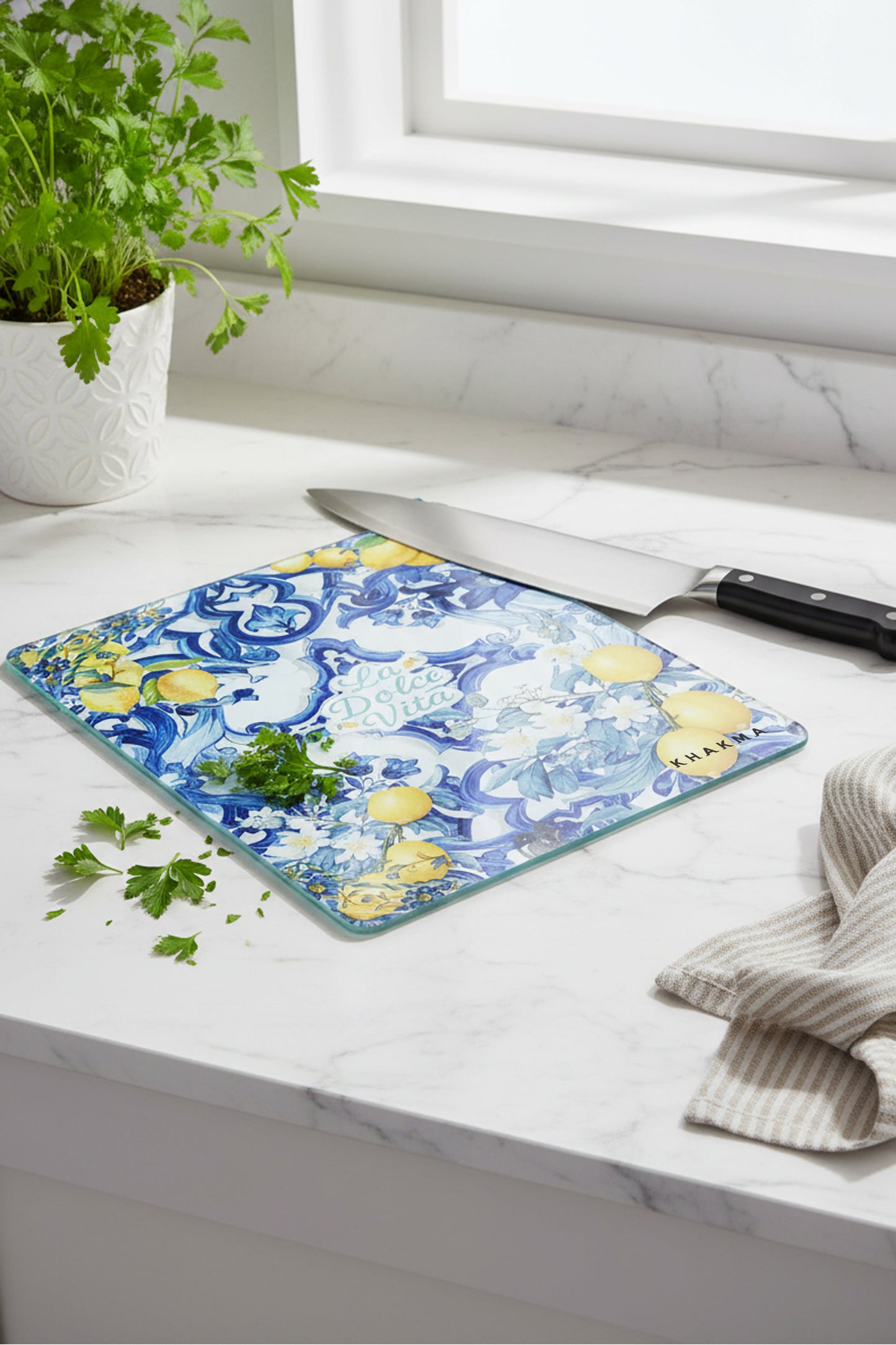 Temperli Cam Kesme Tahtası – 25x35 cm İtalyan Seramik Desenli