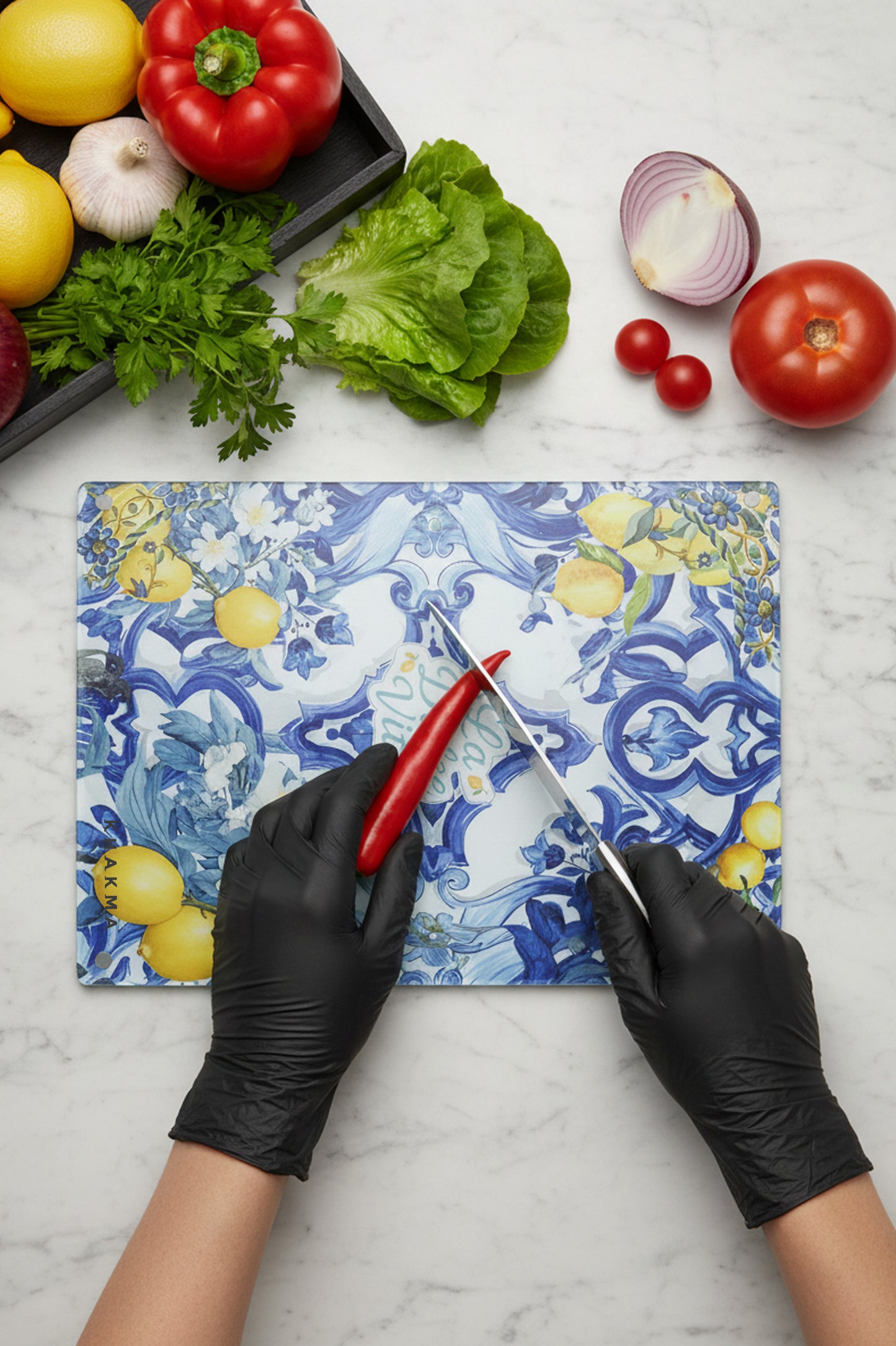 Temperli Cam Kesme Tahtası – 25x35 cm İtalyan Seramik Desenli