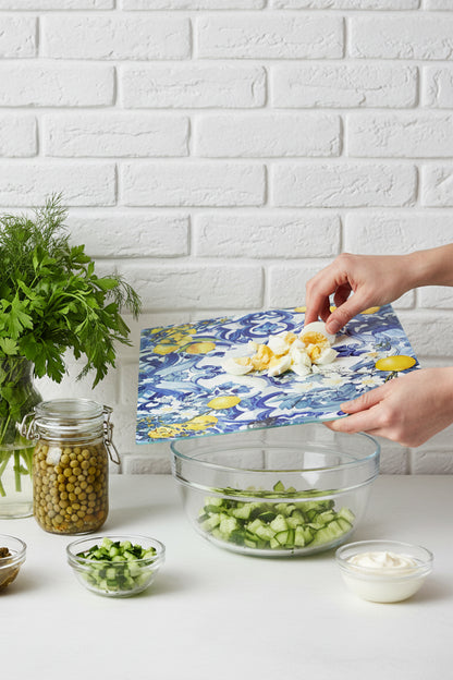 Temperli Cam Kesme Tahtası – 25x35 cm İtalyan Seramik Desenli