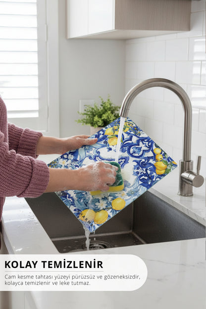 Temperli Cam Kesme Tahtası – 25x35 cm İtalyan Seramik Desenli