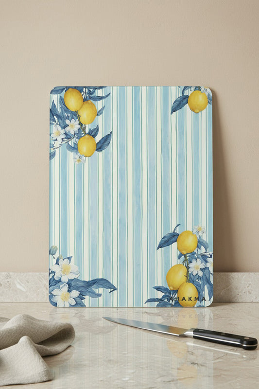 LemonStripe Cam Kesme Tahtası – 25x35 cm | Çizgili Mavi Arka Plan Limon Çiçek Desenli | Temperli Cam