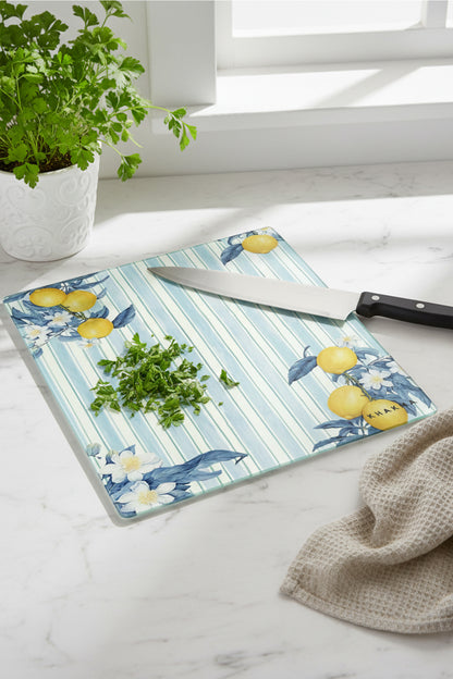 LemonStripe Cam Kesme Tahtası – 25x35 cm | Çizgili Mavi Arka Plan Limon Çiçek Desenli | Temperli Cam