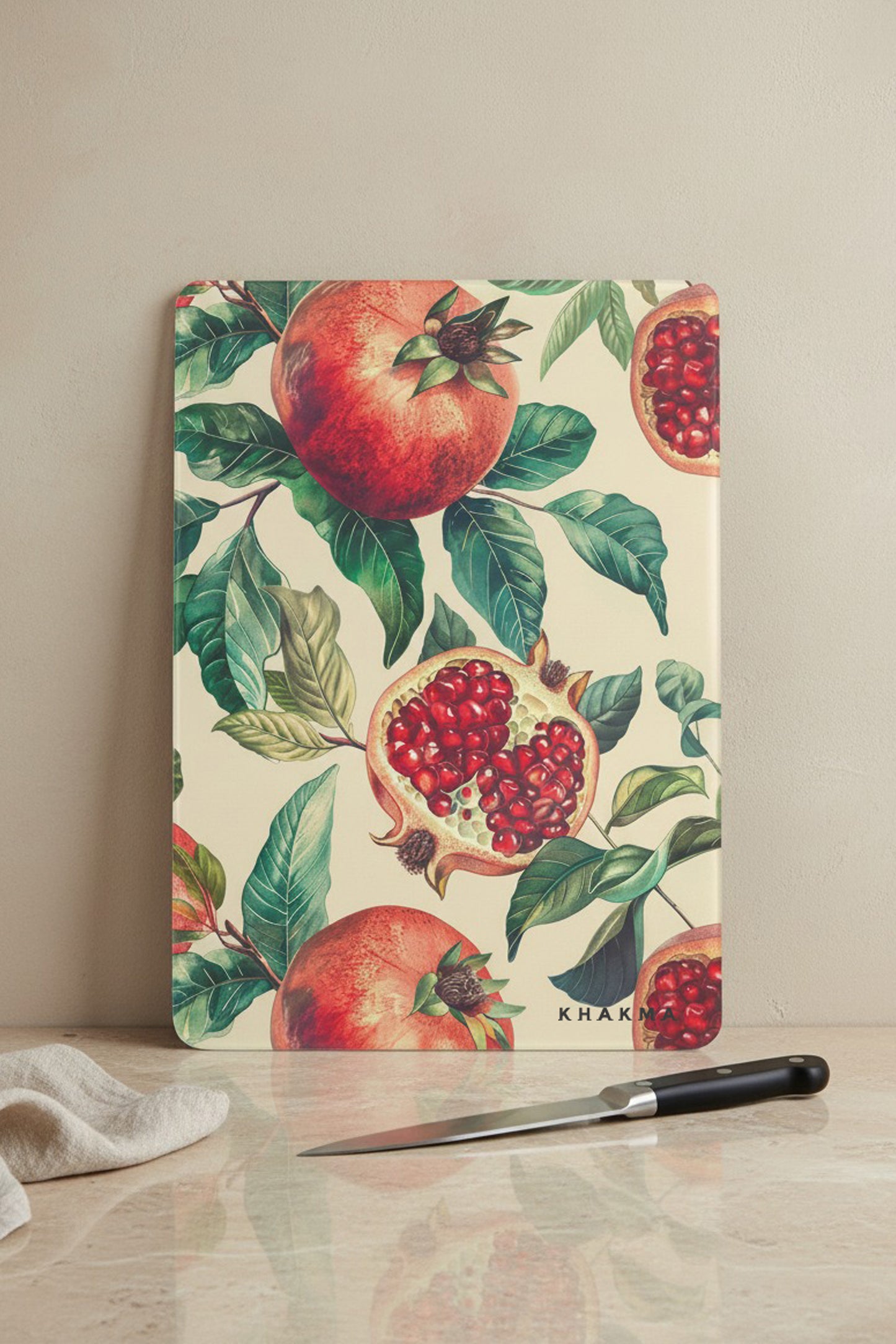 RubyFruit Cam Kesme Tahtası – 25x35 cm | Nar Desenli | Temperli Cam