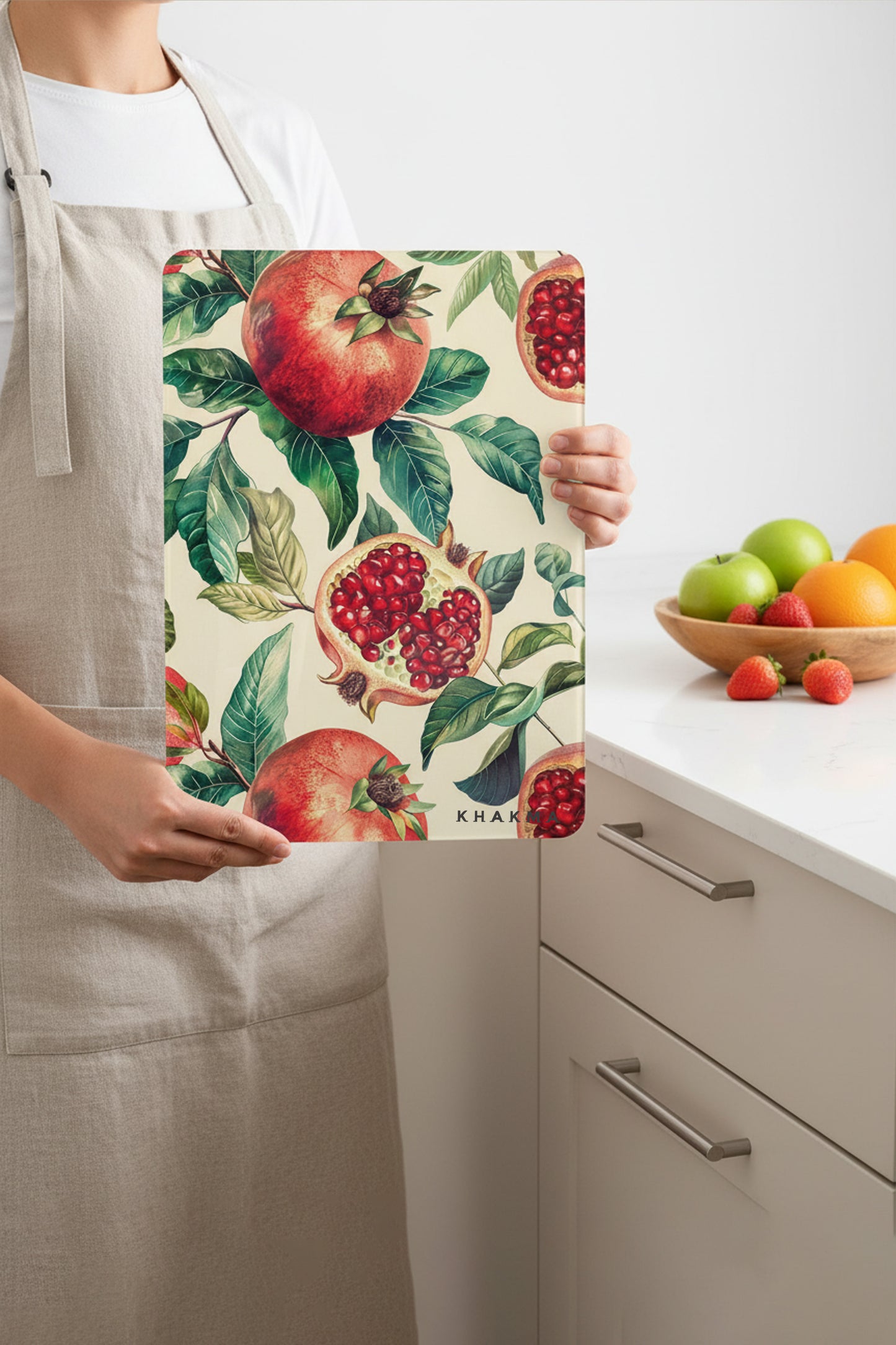 RubyFruit Cam Kesme Tahtası – 25x35 cm | Nar Desenli | Temperli Cam