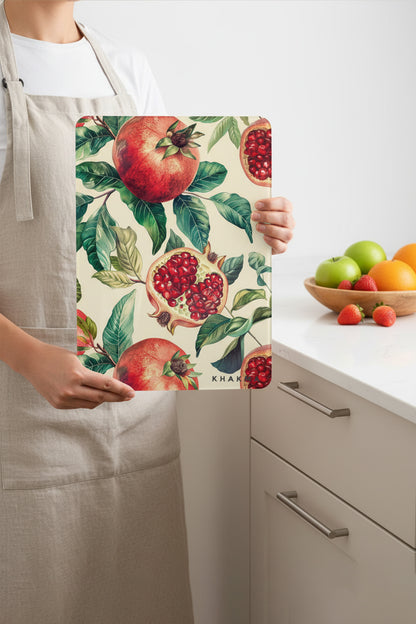 RubyFruit Cam Kesme Tahtası – 25x35 cm | Nar Desenli | Temperli Cam