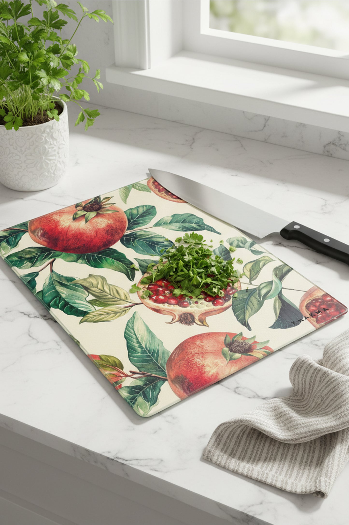 RubyFruit Cam Kesme Tahtası – 25x35 cm | Nar Desenli | Temperli Cam