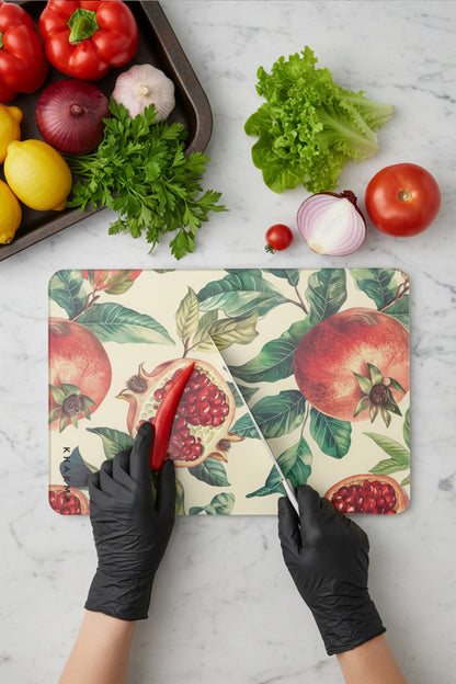 RubyFruit Cam Kesme Tahtası – 25x35 cm | Nar Desenli | Temperli Cam