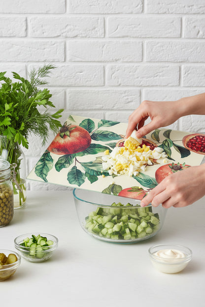 RubyFruit Cam Kesme Tahtası – 25x35 cm | Nar Desenli | Temperli Cam