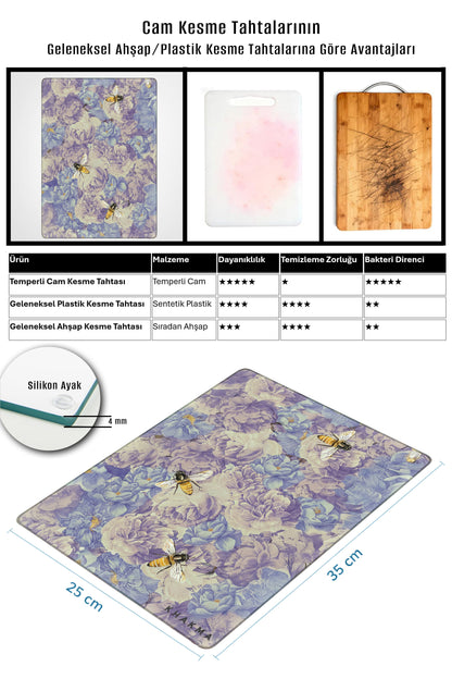 VioletGarden Cam Kesme Tahtası – 25x35 cm | Mor Çiçek Desenli | Arılı Tasarım |Temperli Cam