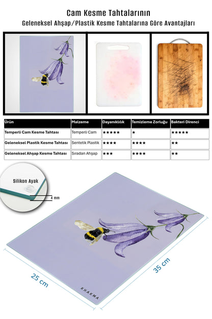 BeeBlossom Cam Kesme Tahtası – 25x35 cm | Minimal Arı & Çiçek Desenli | Temperli Cam