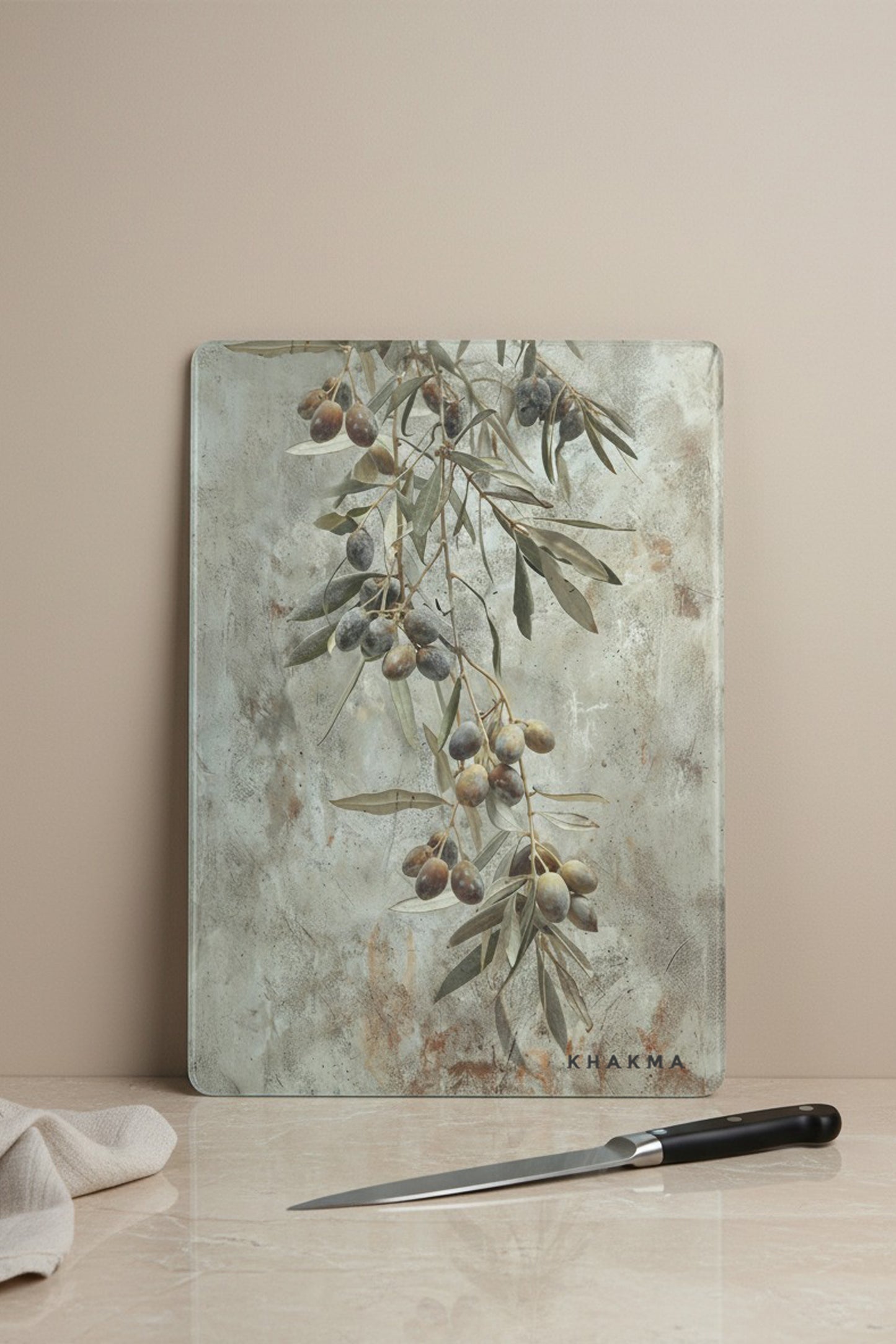 OliveRustic Cam Kesme Tahtası – 25x35 cm | Zeytin Dalı Desenli | Rustik Dokulu Temperli Cam