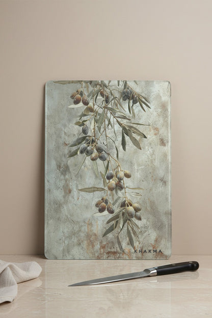 OliveRustic Cam Kesme Tahtası – 25x35 cm | Zeytin Dalı Desenli | Rustik Dokulu Temperli Cam