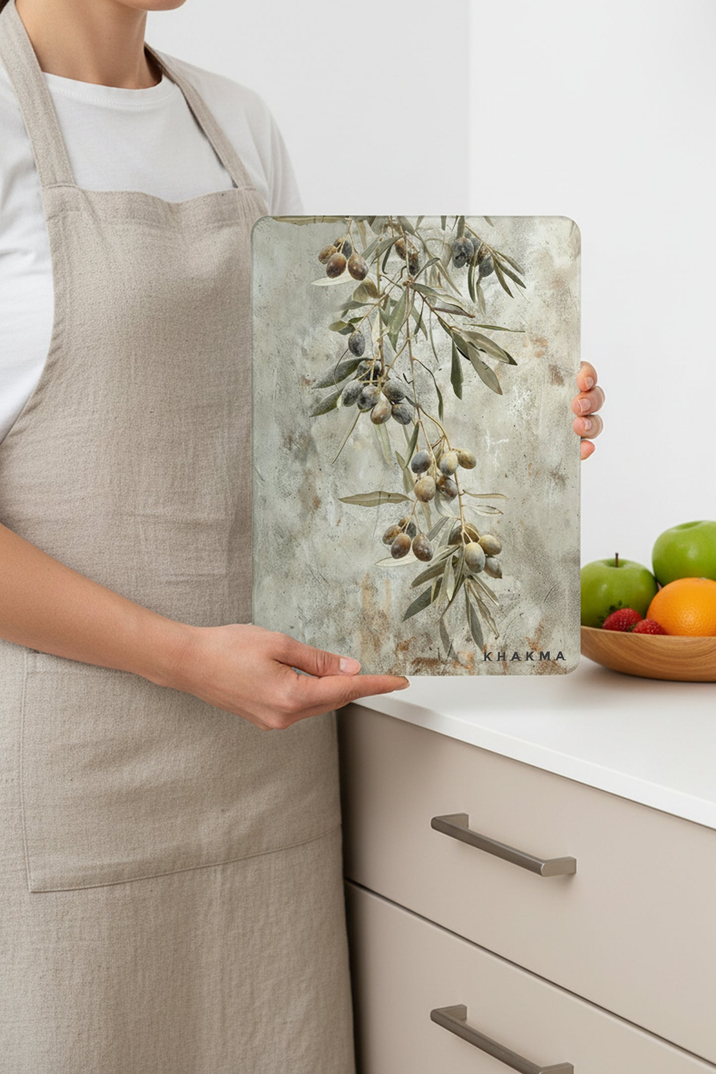 OliveRustic Cam Kesme Tahtası – 25x35 cm | Zeytin Dalı Desenli | Rustik Dokulu Temperli Cam