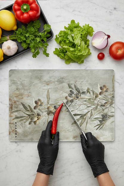 OliveRustic Cam Kesme Tahtası – 25x35 cm | Zeytin Dalı Desenli | Rustik Dokulu Temperli Cam