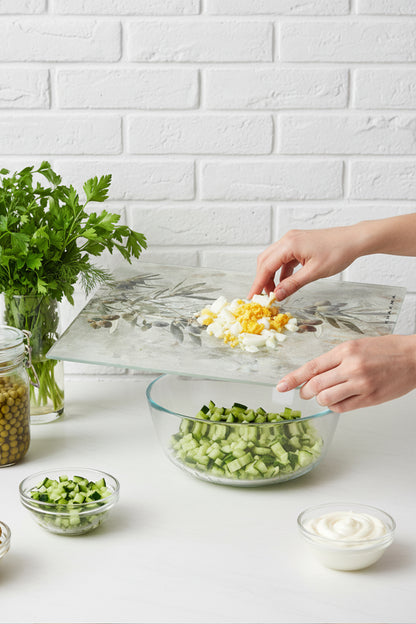 OliveRustic Cam Kesme Tahtası – 25x35 cm | Zeytin Dalı Desenli | Rustik Dokulu Temperli Cam