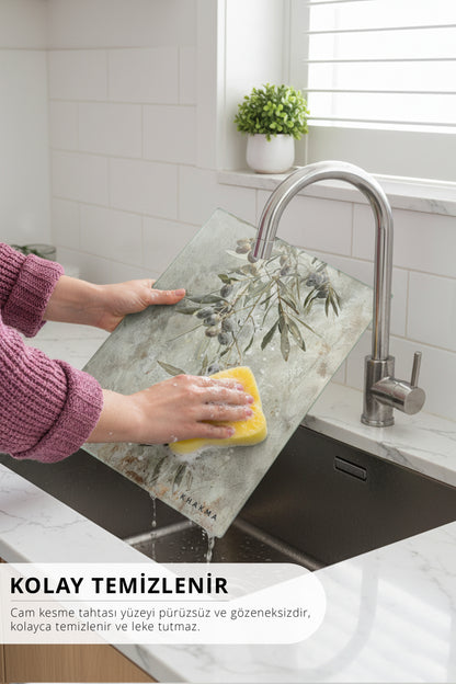 OliveRustic Cam Kesme Tahtası – 25x35 cm | Zeytin Dalı Desenli | Rustik Dokulu Temperli Cam