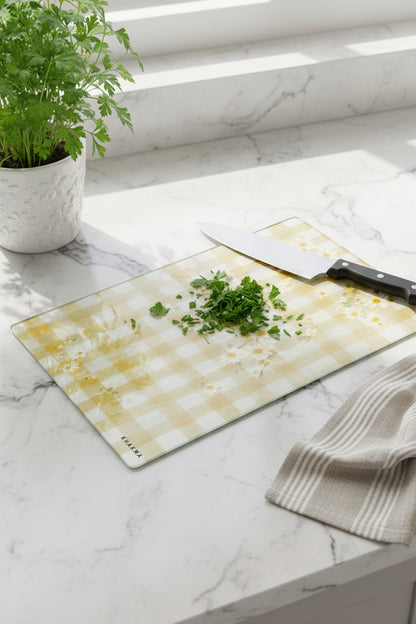 FloralMood Cam Kesme Tahtası – 25x35 cm | Sarı Ekose & Papatya Desenli | Temperli Cam