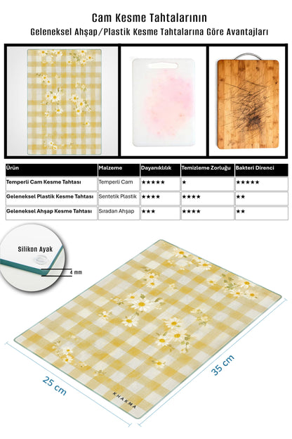 FloralMood Cam Kesme Tahtası – 25x35 cm | Sarı Ekose & Papatya Desenli | Temperli Cam