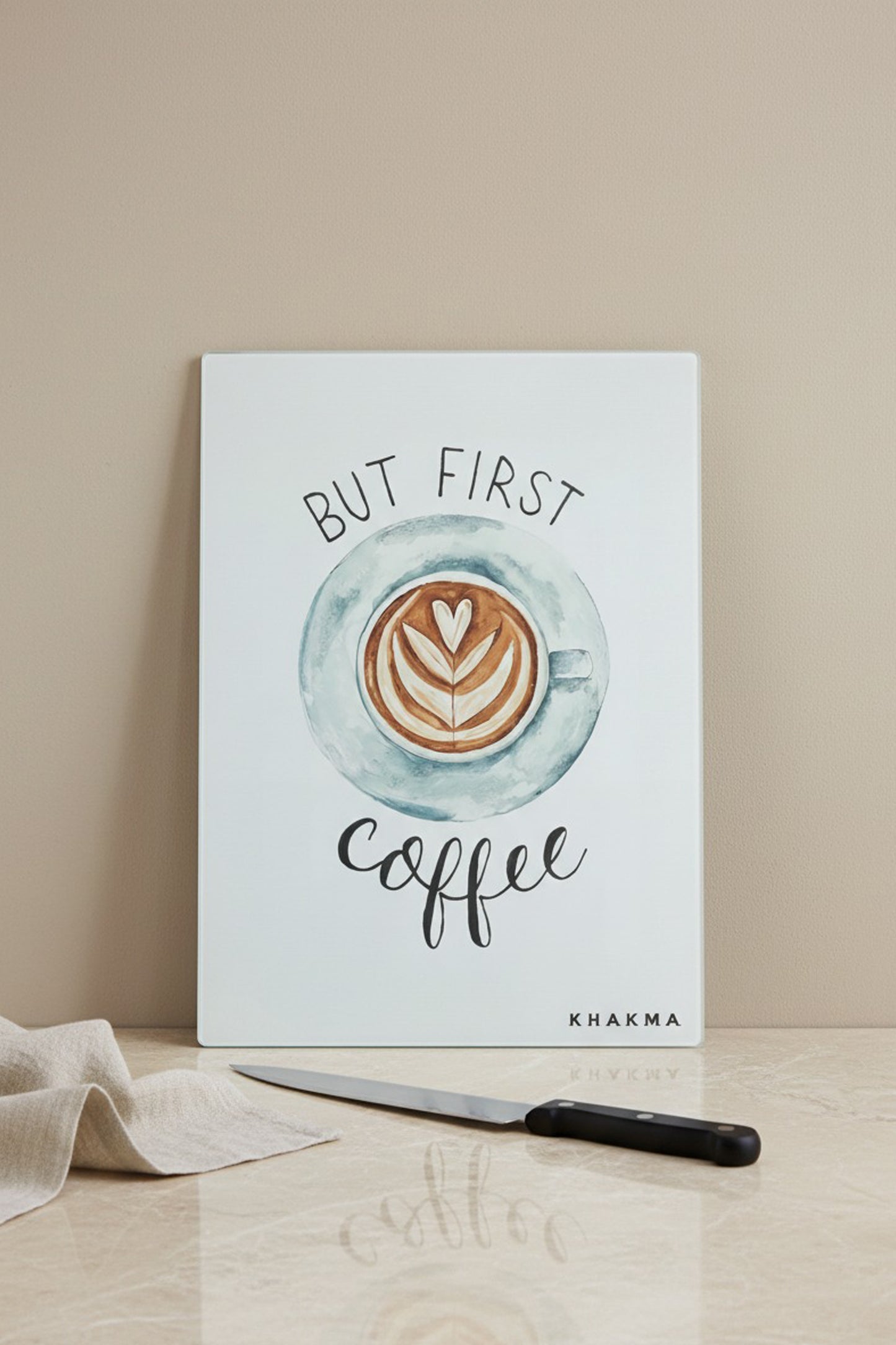 CoffeeMood Cam Kesme Tahtası – 25x35 cm | "But First Coffee" Tasarımlı Temperli Cam