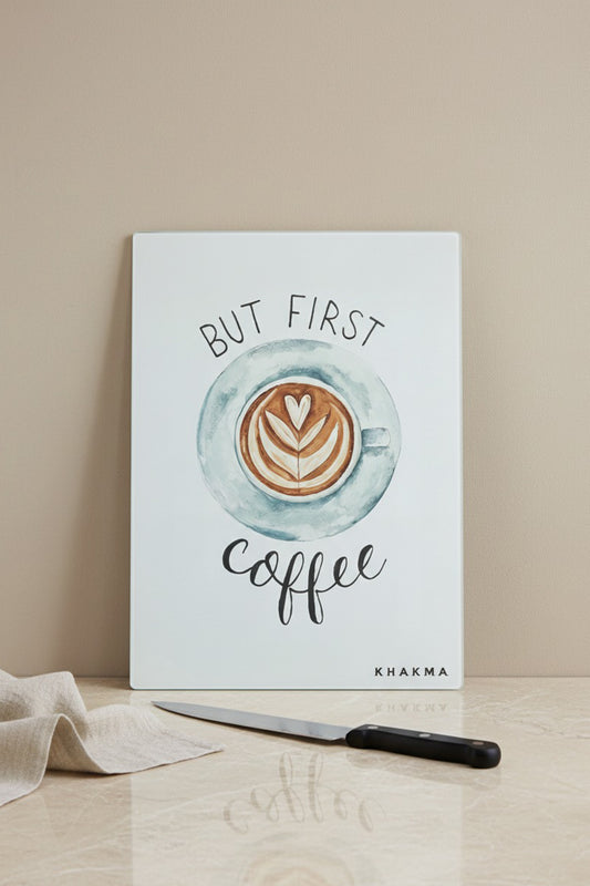 CoffeeMood Cam Kesme Tahtası – 25x35 cm | "But First Coffee" Tasarımlı Temperli Cam