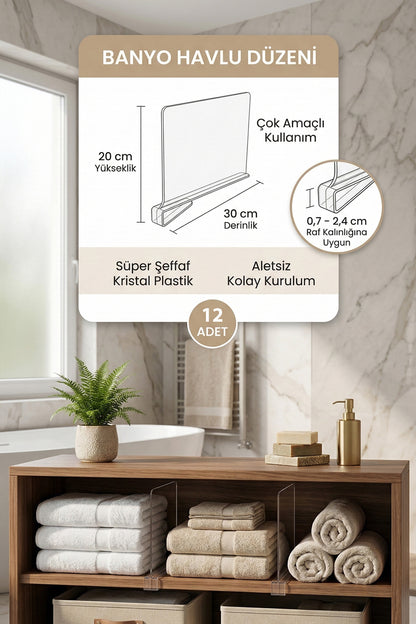 Banyo rafında havluları düzenleyen raf ayırıcı ve 20x30 cm ölçü bilgisi