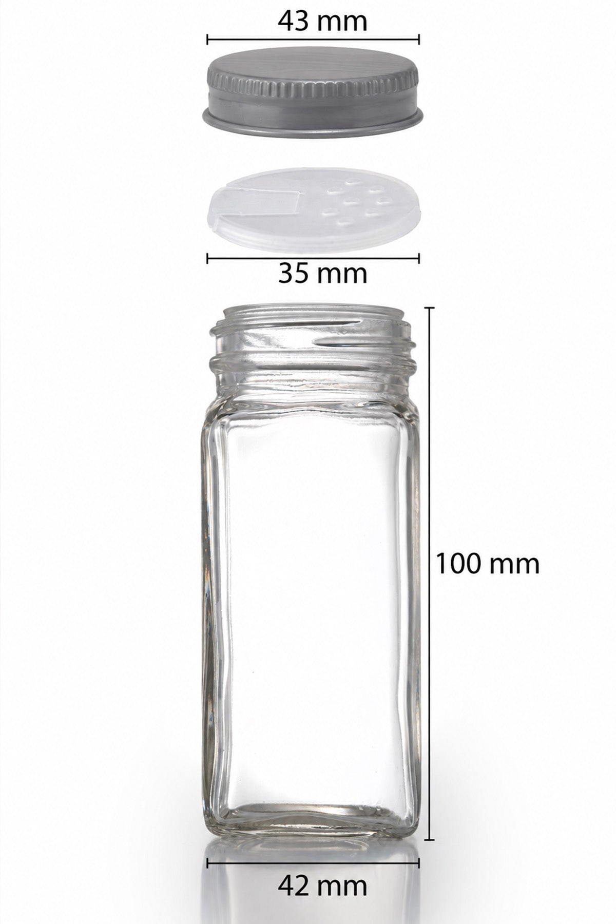 120 ml boş cam baharat kavanozu, gümüş kapak ve delikli iç kapak ölçüleri