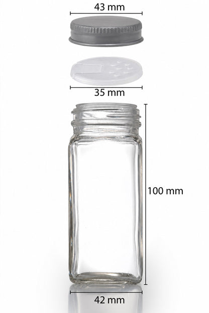 120 ml boş cam baharat kavanozu, gümüş kapak ve delikli iç kapak ölçüleri