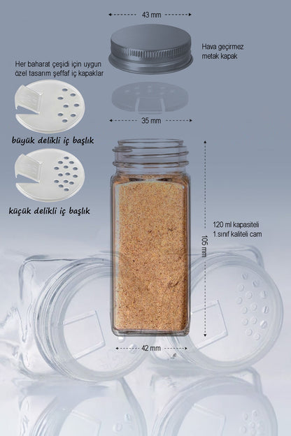 120 ml cam baharat kavanozu, metal dış kapak ve büyük-küçük delikli iç başlık ölçüleri