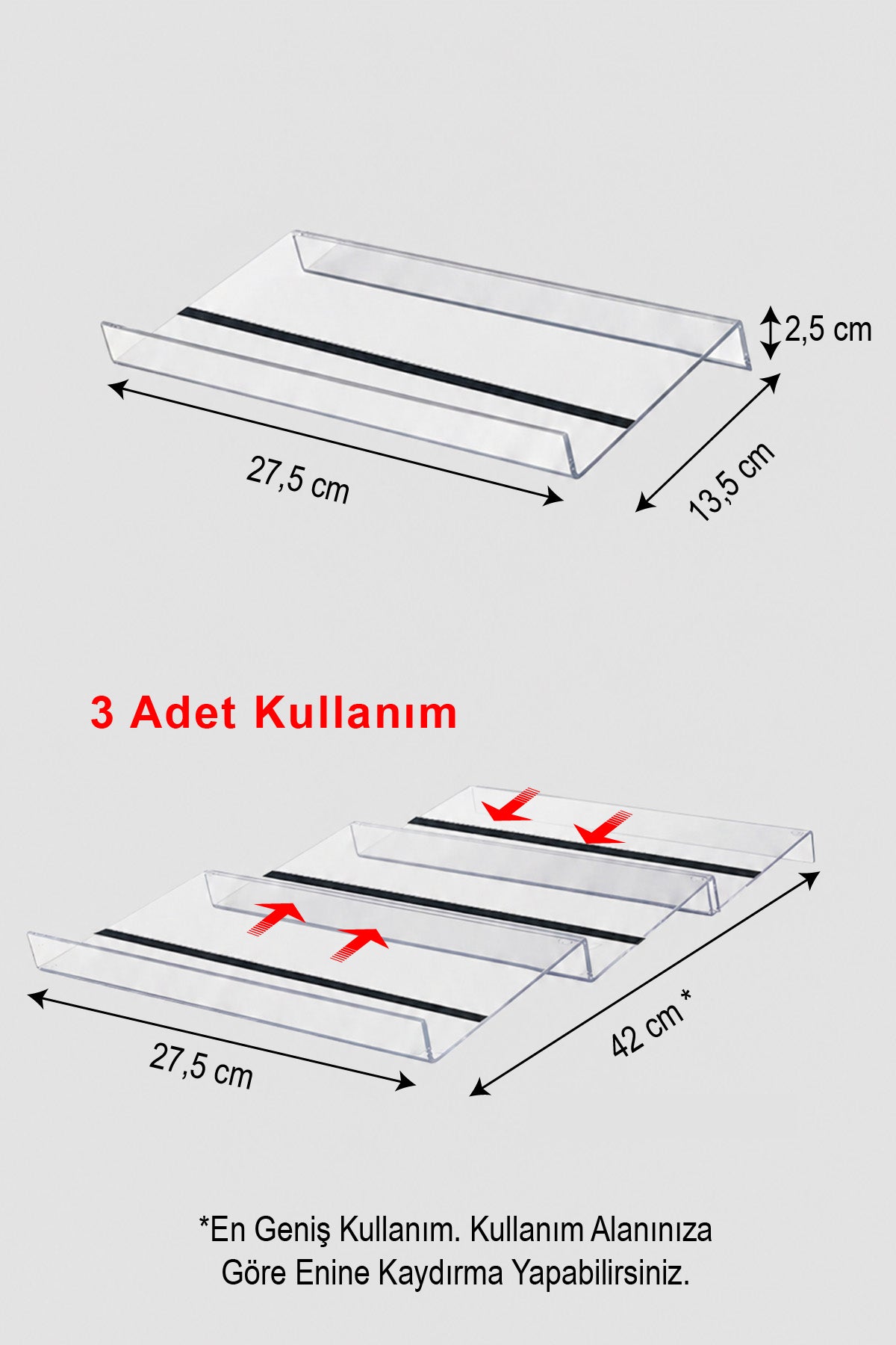 Pleksi baharatlık standı ölçüleri: 27,5 x 13,5 cm, üç stand yan yana 42 cm