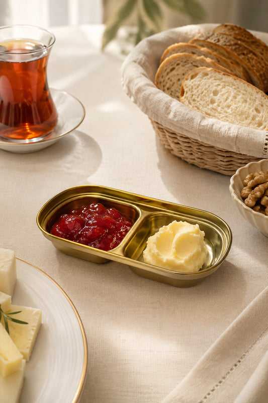 Kahvaltı sofrasında reçel ve tereyağı dolu altın renkli 2 bölmeli paslanmaz çelik sunum kabı