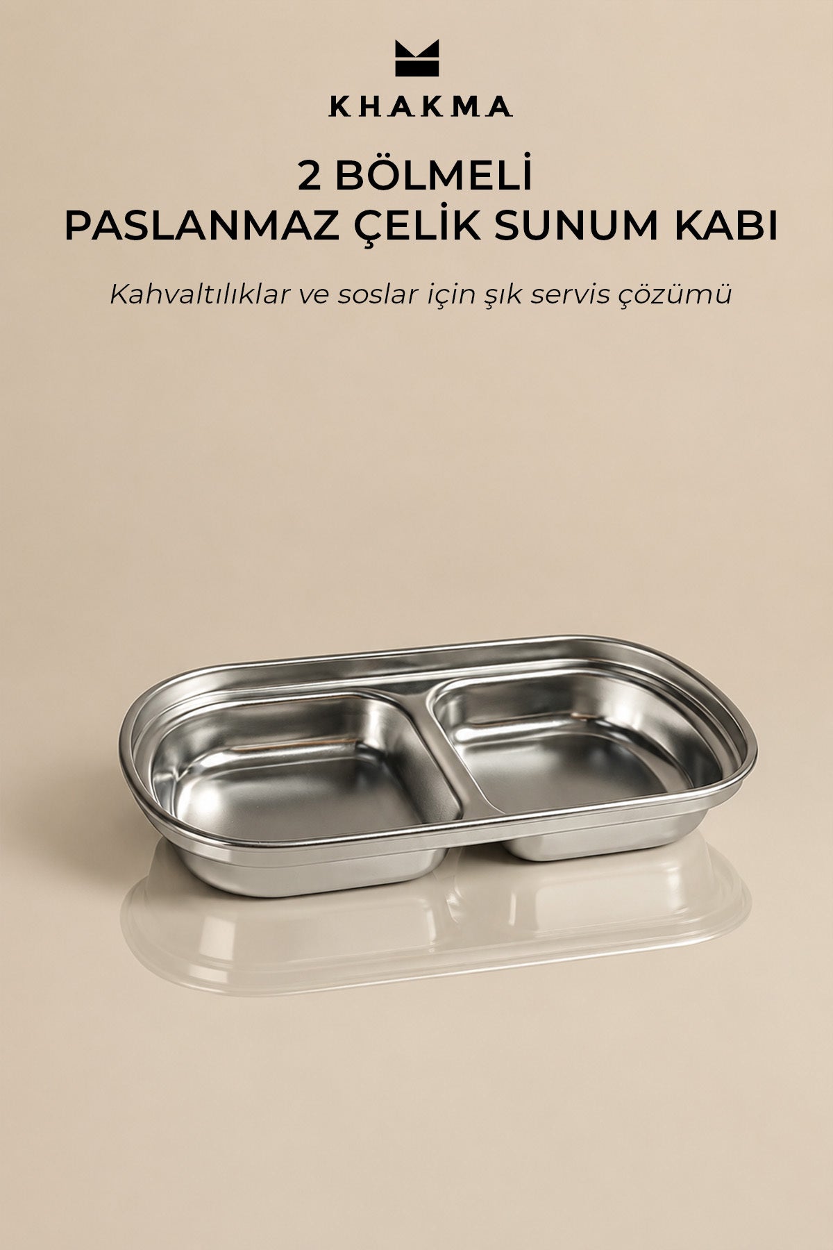 Boş gümüş renkli 2 bölmeli paslanmaz çelik sunum kabı, bej fonda tanıtım görseli