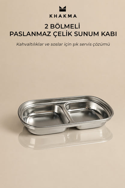 Boş gümüş renkli 2 bölmeli paslanmaz çelik sunum kabı, bej fonda tanıtım görseli