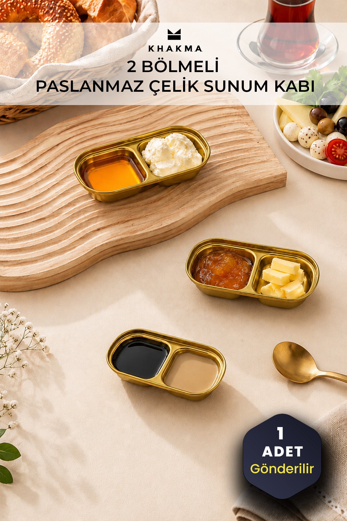 Ahşap tabla üzerinde farklı kahvaltılıklarla altın sunum kapları, 1 adet gönderilir notu