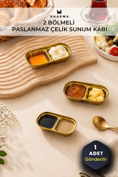 Ahşap tabla üzerinde farklı kahvaltılıklarla altın sunum kapları, 1 adet gönderilir notu