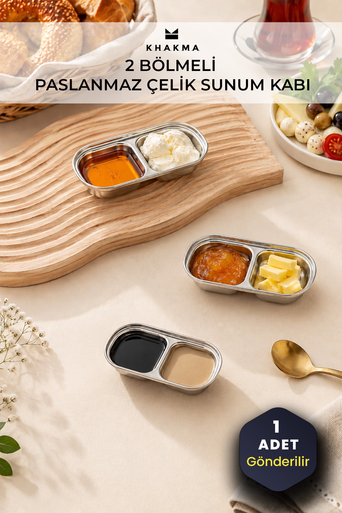 Kahvaltılık ve soslarla gümüş sunum kapları, 1 adet gönderilir notlu tanıtım görseli