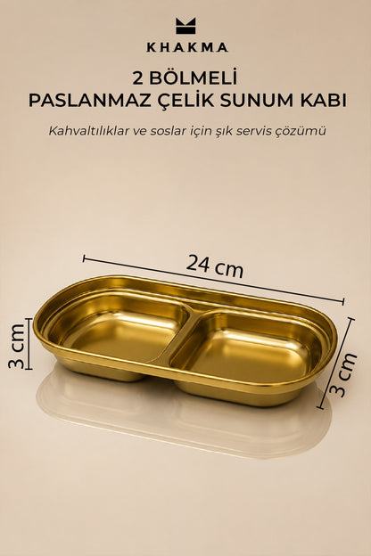 Altın renkli 2 bölmeli sunum kabının ölçü çizgili görseli