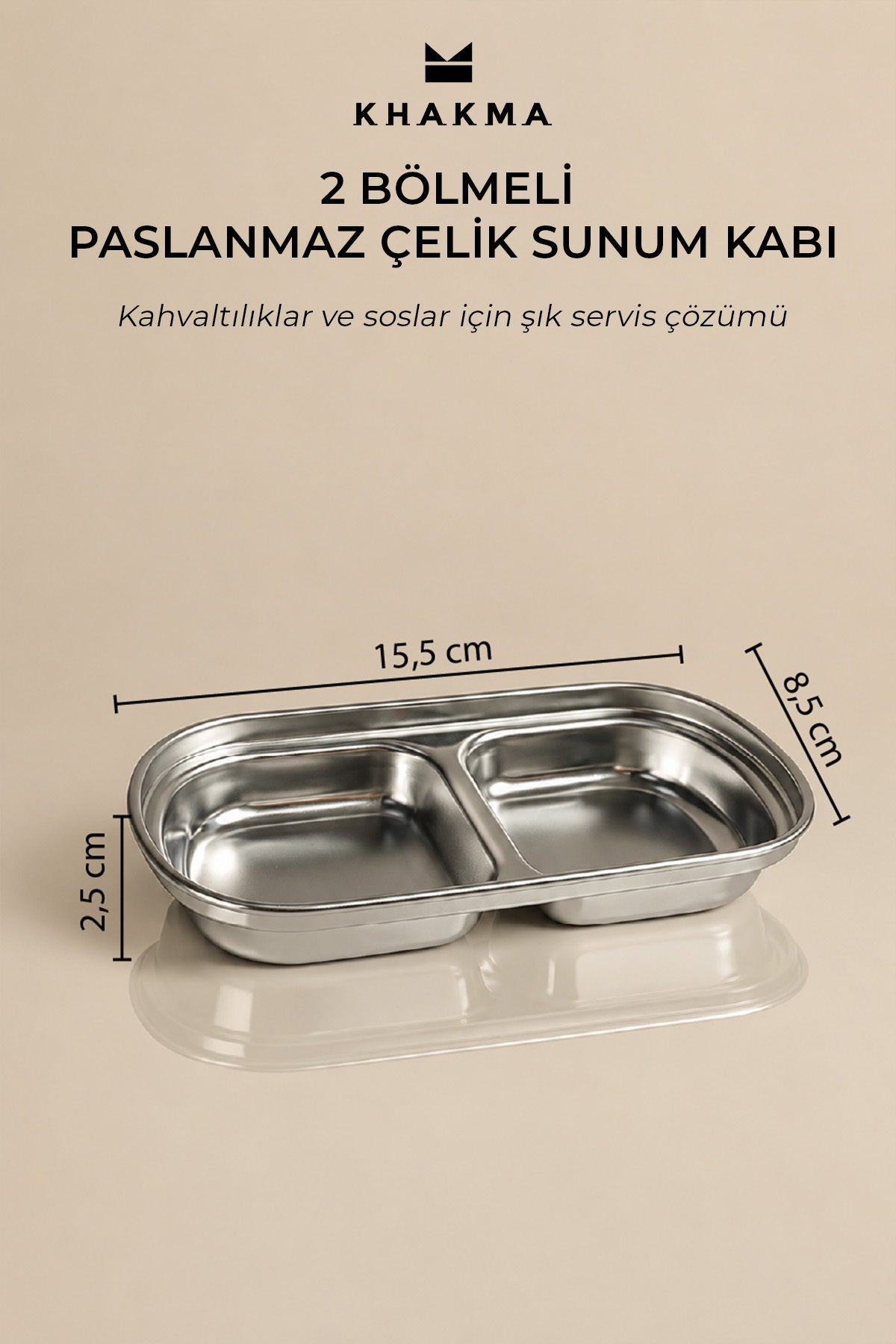 Gümüş renkli 2 bölmeli sunum kabının ölçü çizgili görseli