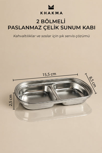 Gümüş renkli 2 bölmeli sunum kabının ölçü çizgili görseli