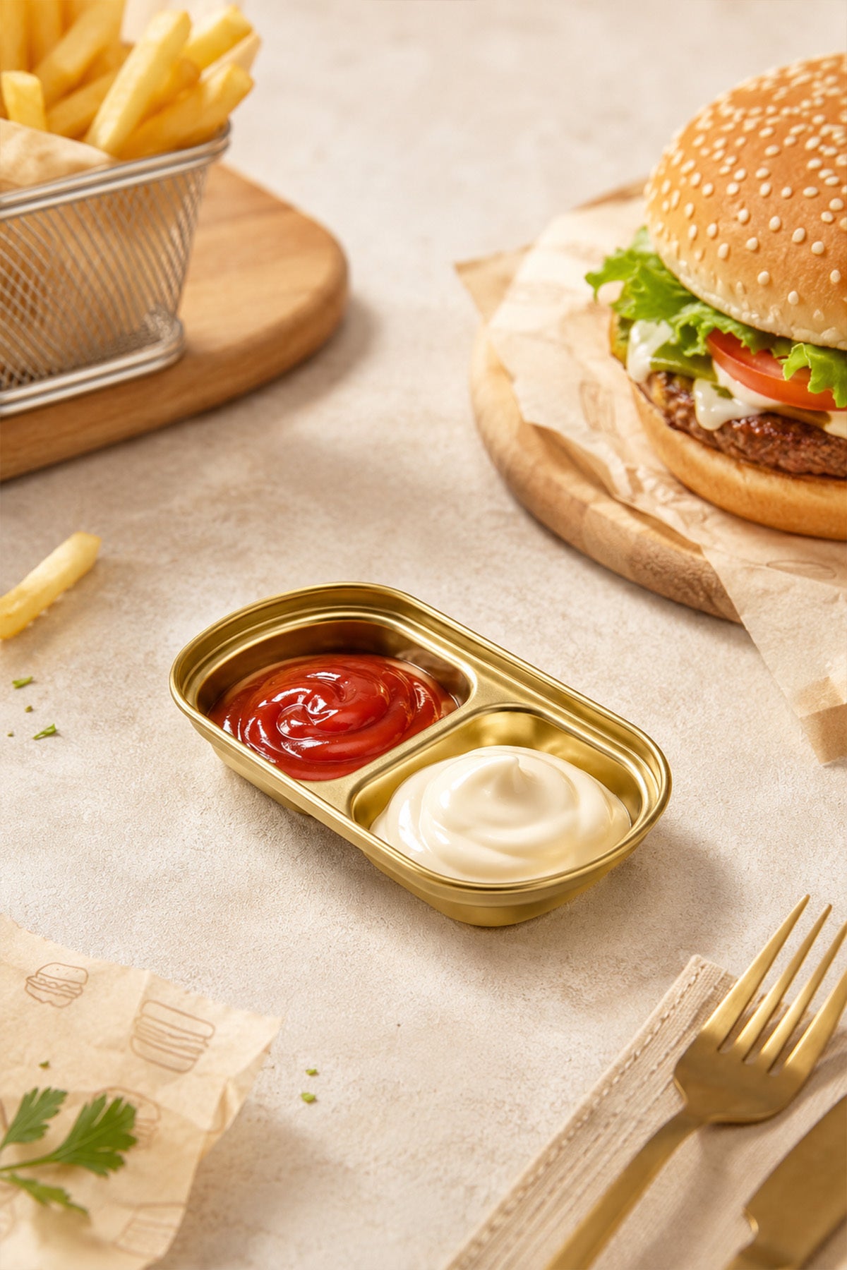 Ketçap ve mayonezli altın renkli 2 bölmeli sosluk, patates ve hamburger eşliğinde