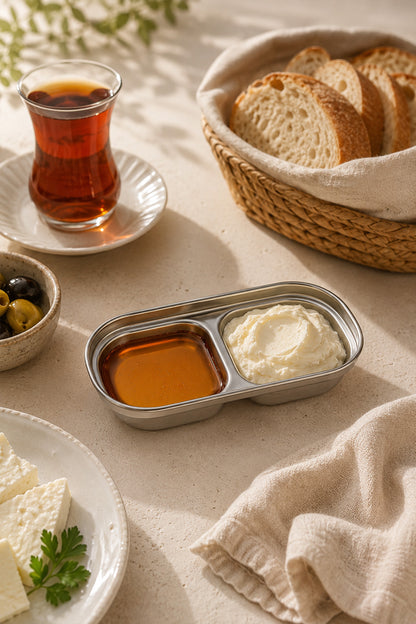 Kahvaltı masasında bal ve kaymak dolu gümüş renkli 2 bölmeli çelik sunum kabı