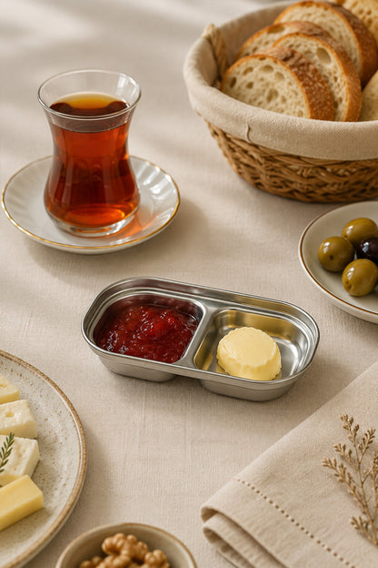 Reçel ve tereyağıyla gümüş 2 bölmeli sunum kabı, çay bardağı ve ekmek sepetiyle
