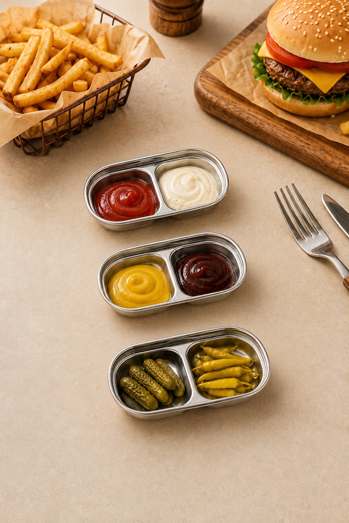 Hamburger ve patates yanında soslar ve turşuyla dolu üç gümüş sunum kabı
