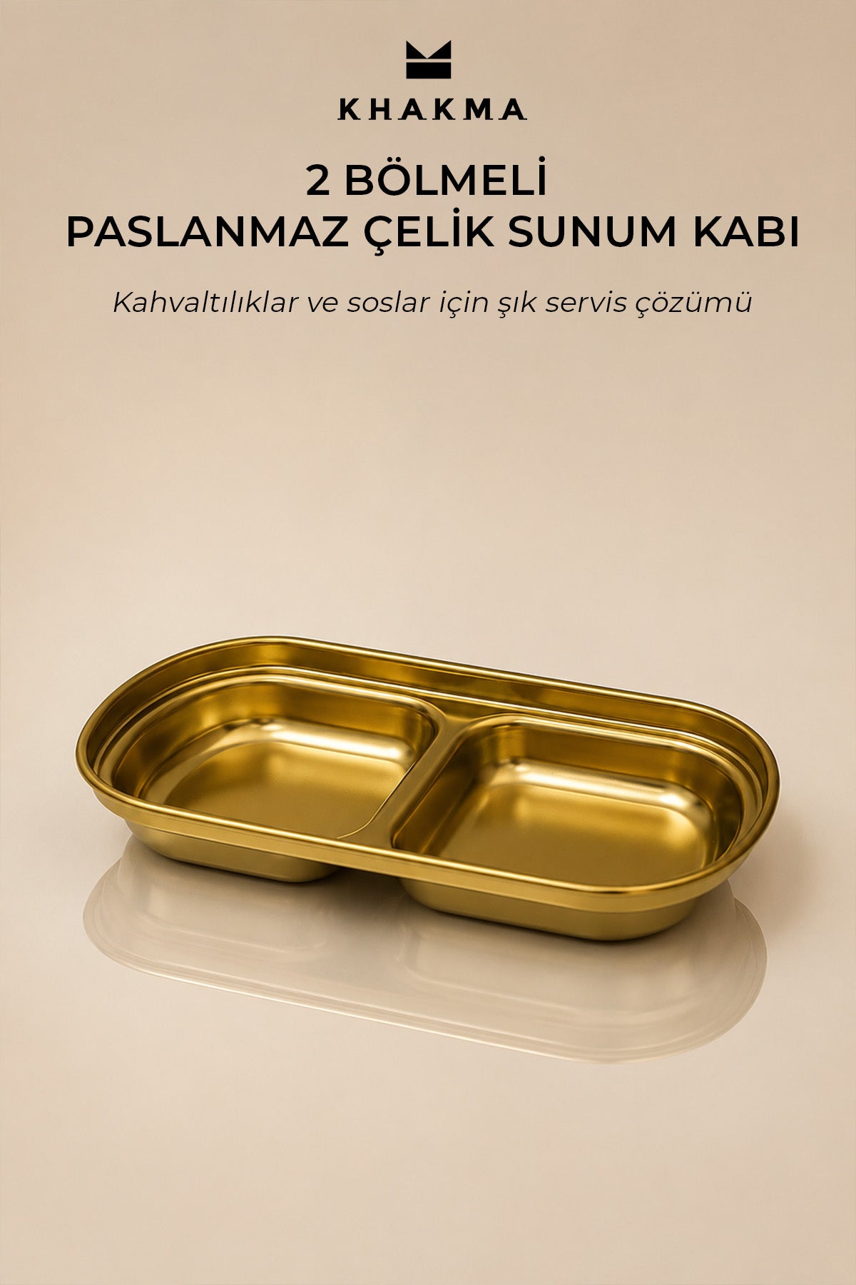 Boş altın renkli 2 bölmeli paslanmaz çelik sunum kabı, bej fonda tanıtım görseli