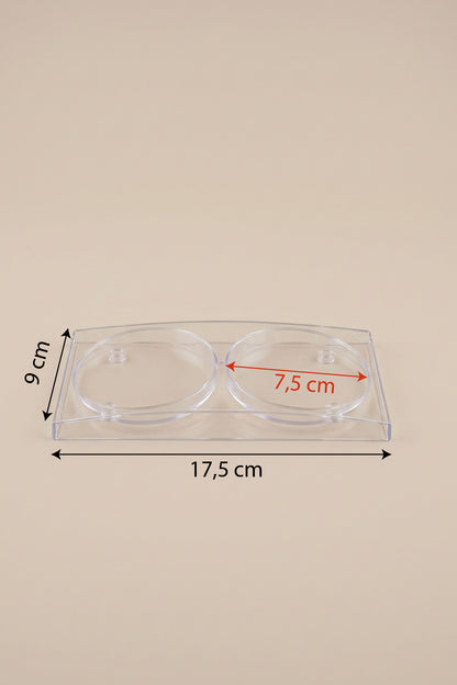 Şeffaf sabunluk standı ölçüleri: 17,5 x 9 cm, yuva çapı 7,5 cm