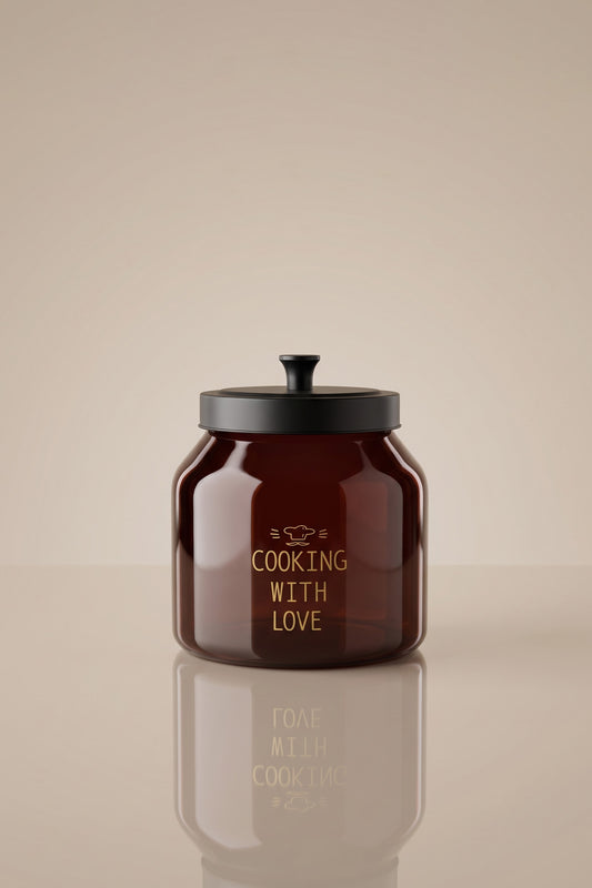 Siyah metal kapaklı 2 litre amber cam kavanoz, önünde Cooking with Love yazısı