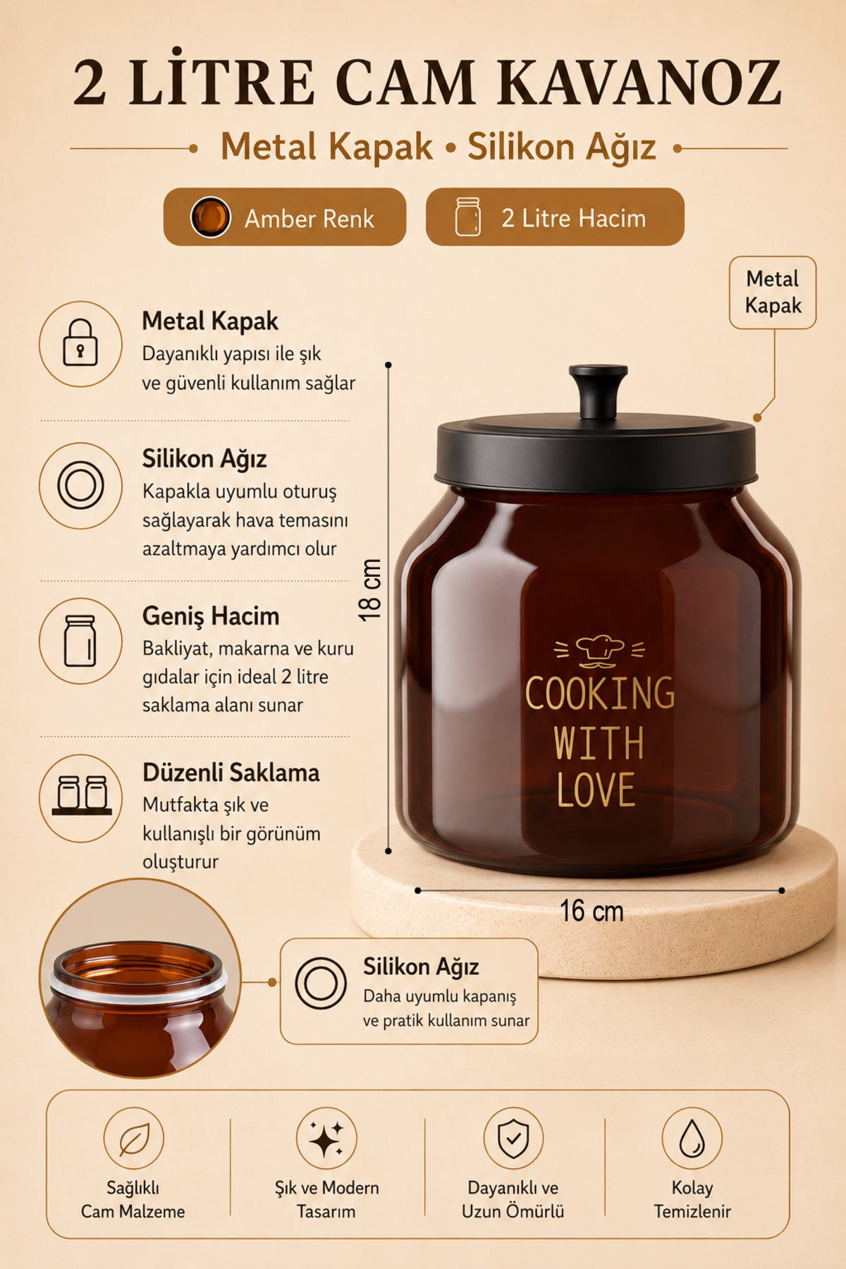 2 litre amber cam kavanozun 18 cm yükseklik, 16 cm çap ve özelliklerini gösteren bilgi görseli