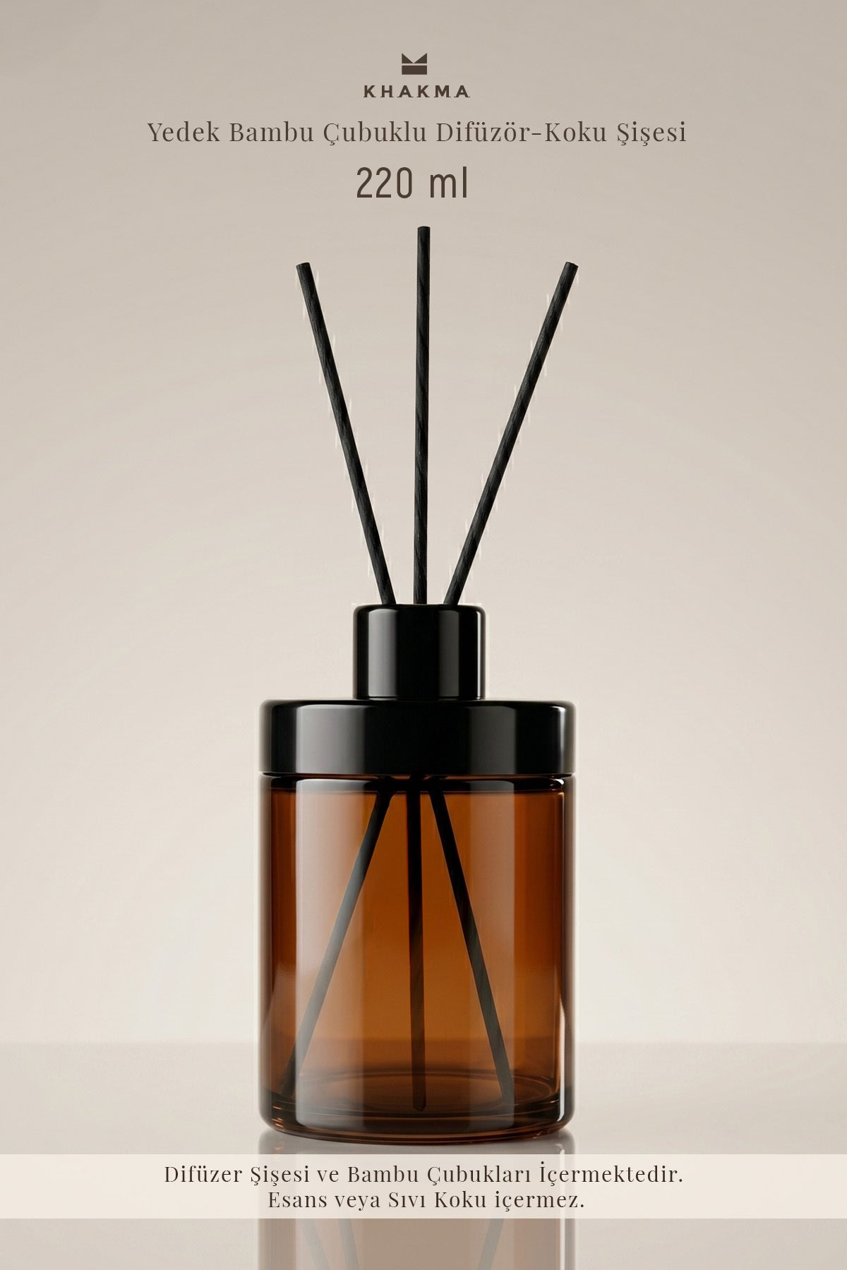 Siyah kapaklı ve 3 çubuklu 220 ml amber cam difüzör şişesi, esans içermez notu