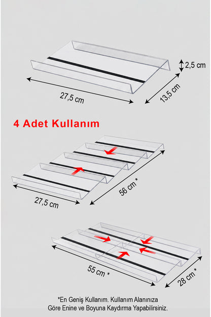 Pleksi stand ölçüleri: tek stand 27,5 x 13,5 cm, dört stand birlikte kullanım şekilleri